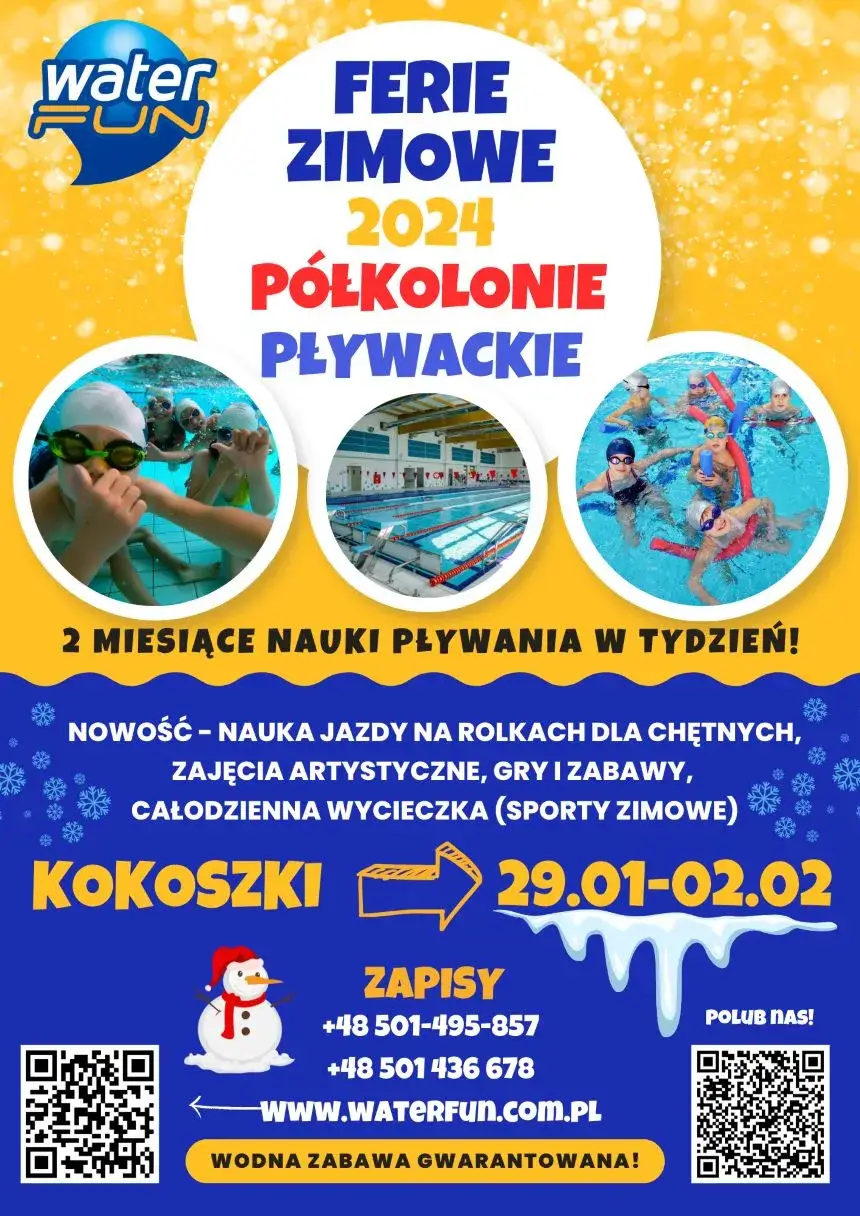 Plakat półkolonii pływackich w ferie zimowe